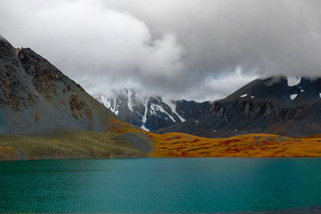 Beautiful turquoise waters of the lake with snow-covered peaks above