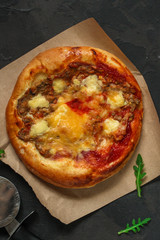 pizza, chicken, tomato sauce, cheese, (pizza ingredients). hot pizza. Top view. copy space