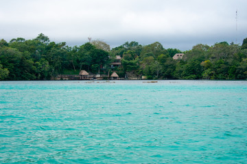 Bacalar Lake Lagoon in Mexico. Crystal Clear Blue and Green Water. 