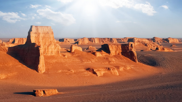 Rocky red formations in the Dasht e Lut desert. Nature of Iran. Persia.