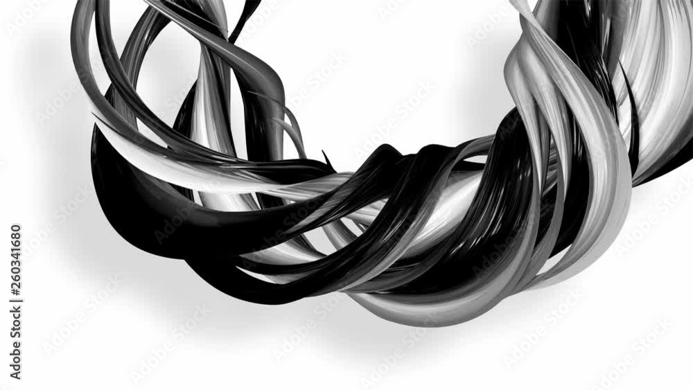 Poster 3d looped animation of abstract black-white ribbons twisting and move around with glitter in the lig