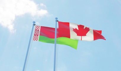 Belarus and Canada, two flags waving against blue sky. 3d image