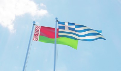Belarus and Greece, two flags waving against blue sky. 3d image