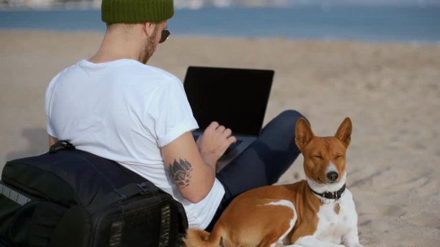 Young middle aged hipster man, freelancer or developer works remotely from laptop, lays on beach with work backpack during vacation, takes time off with best friend puppy dog