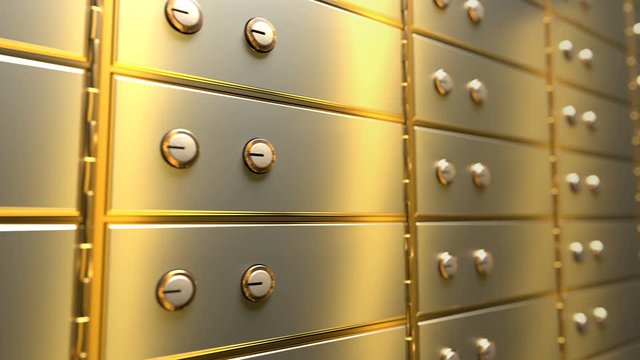 Camera moves along golden safety deposit boxes in a bank vault room, infinite seamless loop