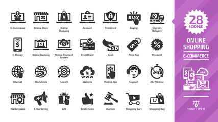 E-commerce and online shopping glyph icon set with e-money, digital technology internet business, mobile sale, payment service, web shop silhouette symbols.