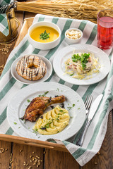 Set of several dishes Business lunch on wooden table