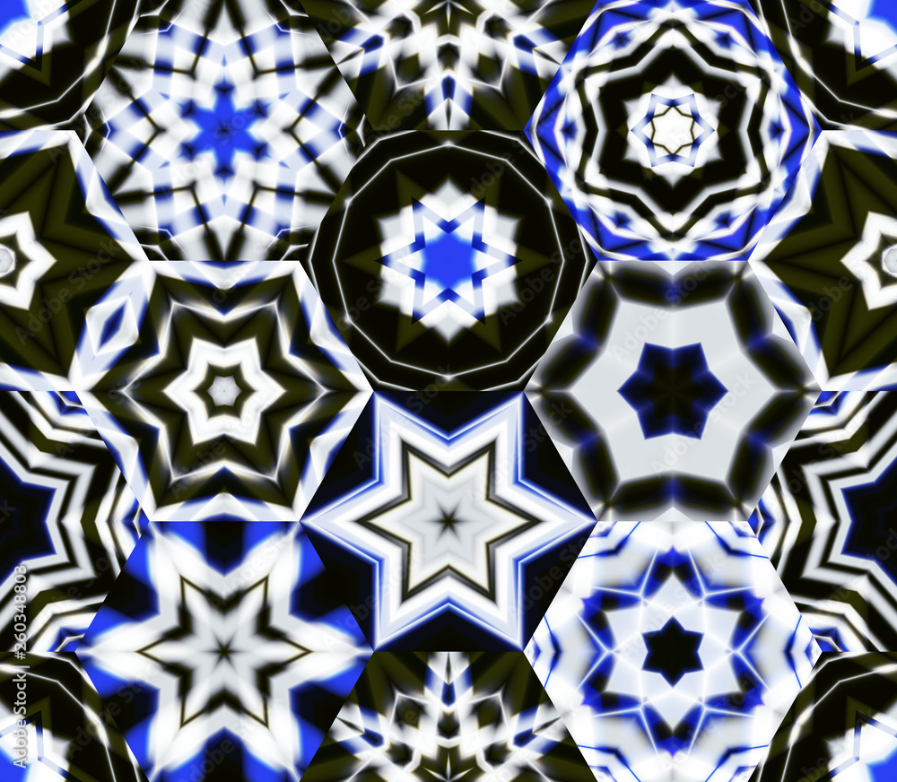 Poster abstract mosaic of caleidoscopes. hexagonal image structure.