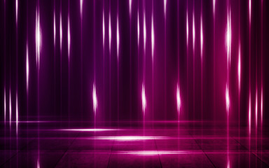 Empty background scene. Dark street, reflection of pink neon light on wet asphalt. Rays of light in the dark, smoke. Night view of the street, the city. Abstract dark purple background.