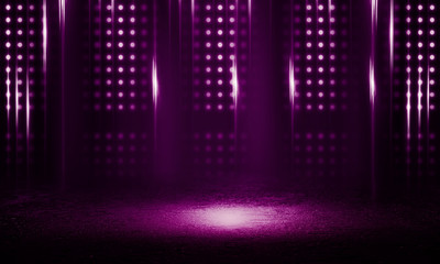 Empty background scene. Dark street, reflection of pink neon light on wet asphalt. Rays of light in the dark, smoke. Night view of the street, the city. Abstract dark purple background.