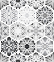 Abstract mosaic of caleidoscopes. Hexagonal image structure.
