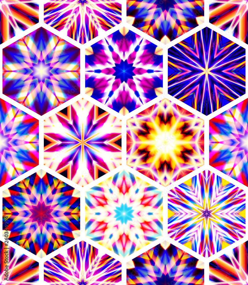 Poster abstract mosaic of caleidoscopes. hexagonal image structure.