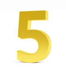 Golden number 5, isolated on white. Collection. 3d image