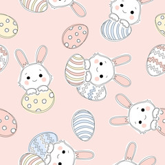 Seamless Easter pattern with cute rabbits and eggs. Hand drawn line art.