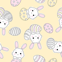 Easter pattern of happy sweet easter filled with easter bunnies and easter eggs seamless background.