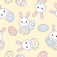 Hand drawn Easter seamless pattern with bunnies and easter eggs on yellow background.