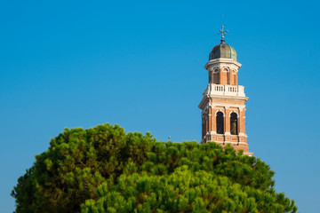 Fototapeta na wymiar Round Church, chiesa della Beata Vergine del Soccorso, Rovigo, Italy. Blue sky, space for text