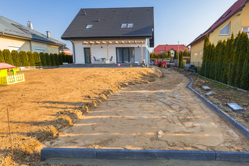 Concrete paver blocks laid near the house