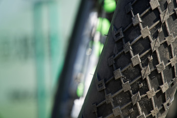 bicycle tires and Bicycle wheel in a row close-up wheel detail, bicycle spoke.