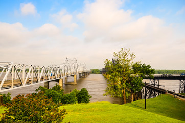 Highway and Railway Bridges Across Mississippi River to Louisiana from Vicksburg MS.