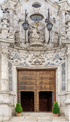 Impressive Baroque facade of the church of Ntra. Sra. del Carmen in Estepa, province of Seville. Charming white village in Andalusia. Southern Spain. Picturesque travel destination on Spain.