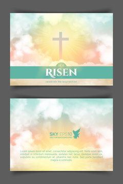 Christian Religious Design For Easter Celebration. Two-sided Horizontal Flyer. Text: He Is Risen, Shining Cross And Heaven With White Clouds.