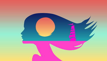 Love theme, beautiful female profile, retro colors, double exposure - sea, sunset, sailboat. Multiexposure, romance, hair flowing in wind.