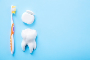 Dental hygiene concept. White tooth model, toothbrush and dental floss on light blue background...