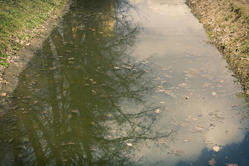 Water surface of a narrow shallow river with reflections