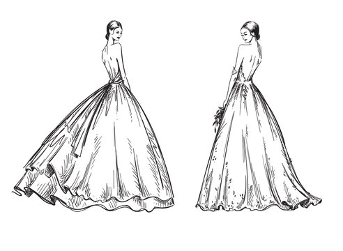 young women wearing wedding dresses. Bridal look fashion illustration