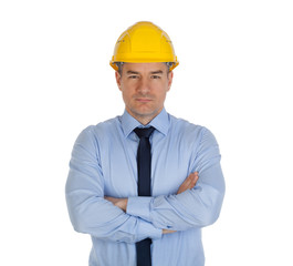 Architect with hands folded. Isolated on white background.