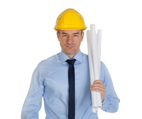 Architect holding blueprints. Isolated on white background.