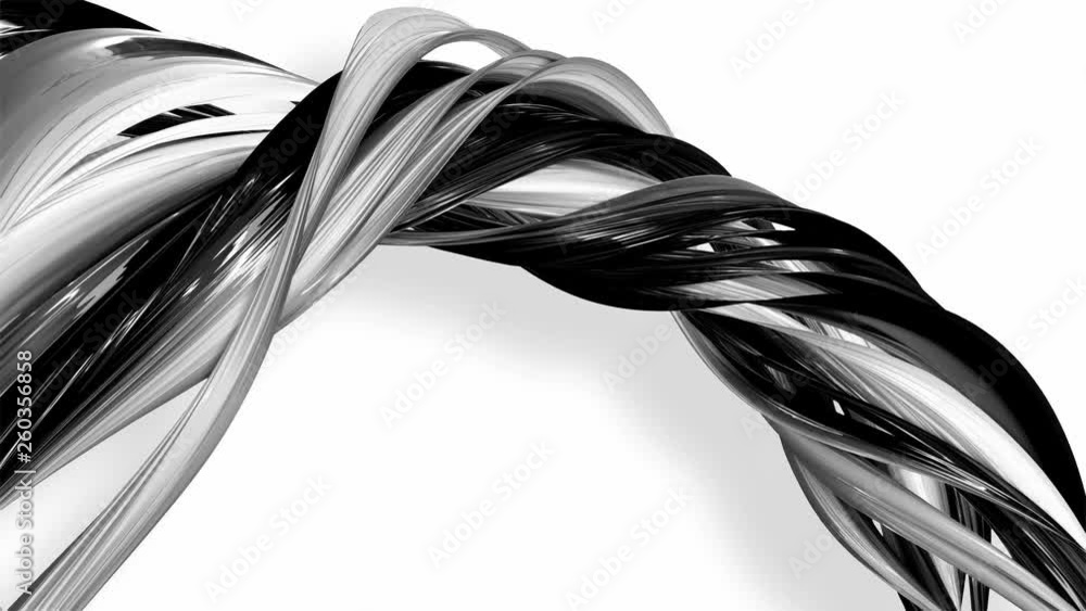 Poster 3d looped animation of abstract black-white ribbons twisting and move around with glitter in the lig