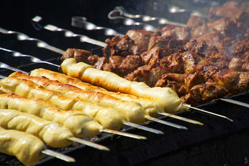 Barbecue meat on grill, traditional street food