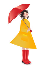 Girl in a raincoat, vector illustration umbrella rubber boots