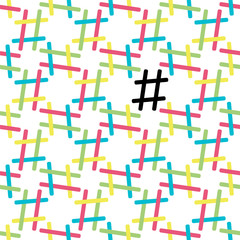 Hashtag seamless pattern on white. Black and white simple background with sign gate.