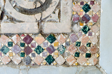 Demre town, Turkey: The fragment of colorful ancient tiles mosaic on the flour of the church of St. Nicholas
