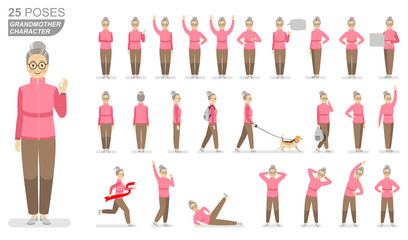 Character grandmother in a pink sports sweater and brown pants in various poses on a white background. Vector flat illustrations.