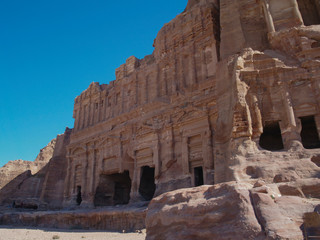 Petra; Raqmu - historic ruins of the ancient, rock city of the Nabatean Arabians. It is located in southwestern Jordan. It is also known as the rose-red city. UNESCO World Heritage list.