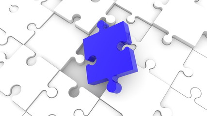  Inclined blue puzzle piece on white jigsaw puzzle