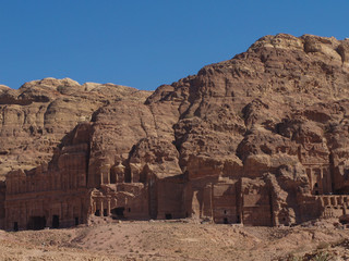 Petra; Raqmu - historic ruins of the ancient, rock city of the Nabatean Arabians. It is located in southwestern Jordan. It is also known as the rose-red city. UNESCO World Heritage list.