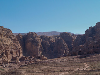Petra; Raqmu - historic ruins of the ancient, rock city of the Nabatean Arabians. It is located in southwestern Jordan. It is also known as the rose-red city. UNESCO World Heritage list.