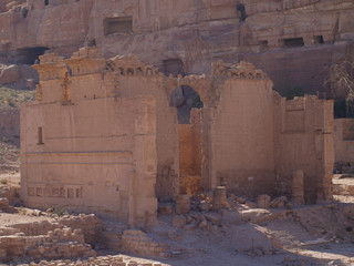Petra; Raqmu - historic ruins of the ancient, rock city of the Nabatean Arabians. It is located in southwestern Jordan. It is also known as the rose-red city. UNESCO World Heritage list.