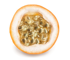 Granadilla or yellow passion fruit half isolated on white background