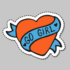 Girly feminist slogan with hand drawn lettering Go Girl. Female motivation symbol in cartoon comic style. Colorful pop art sticker. Print for poster, t-shirt, postcard or apparel design.
