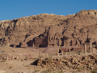 Petra; Raqmu - historic ruins of the ancient, rock city of the Nabatean Arabians. It is located in southwestern Jordan. It is also known as the rose-red city. UNESCO World Heritage list.
