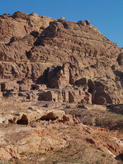 Petra; Raqmu - historic ruins of the ancient, rock city of the Nabatean Arabians. It is located in southwestern Jordan. It is also known as the rose-red city. UNESCO World Heritage list.