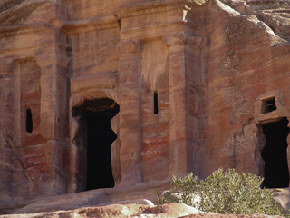 Petra; Raqmu - historic ruins of the ancient, rock city of the Nabatean Arabians. It is located in southwestern Jordan. It is also known as the rose-red city. UNESCO World Heritage list.
