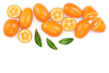 Cumquat or kumquat with half isolated on white background with copy space for your text. Top view. Flat lay