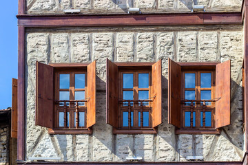 Unfinished facade shoot of wooden stone masonry traditional turkish house in Safranbolu
